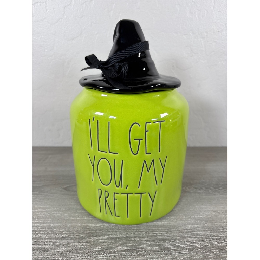 Rae Dunn Wizard of Oz I'll Get You My Pretty Witch Hat Canister Green Halloween